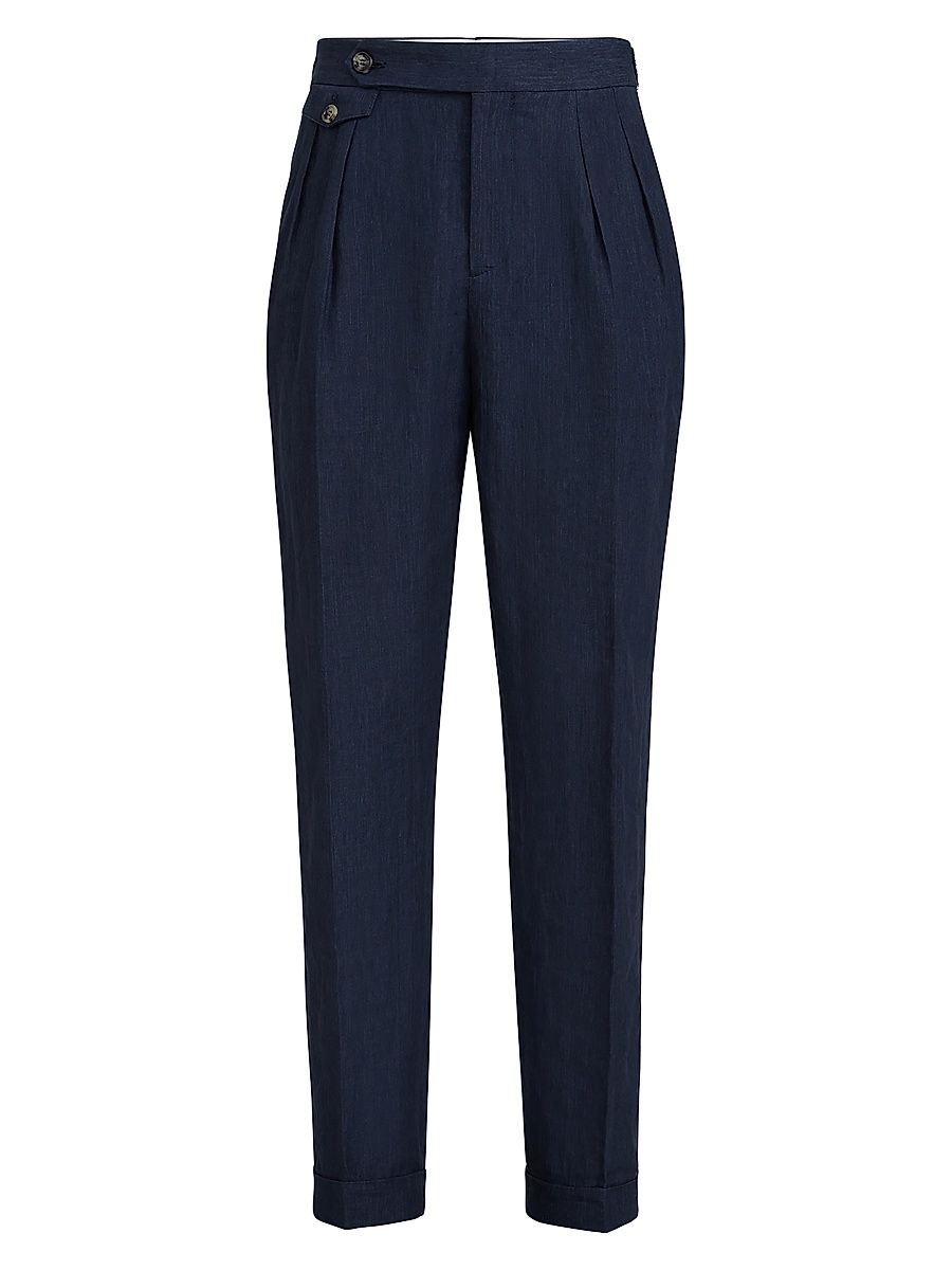 Men's Lightweight Délavé Linen Trousers with Reversed Double Pleats - Blue - Size 48