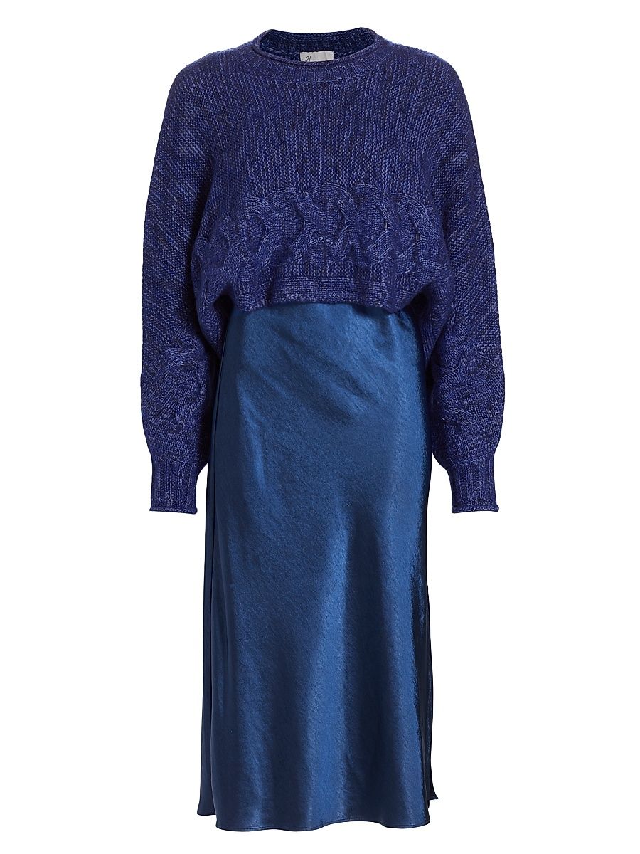 Women's Ann Sweater & Satin Midi-Dress - Midnight Marled - Size Large
