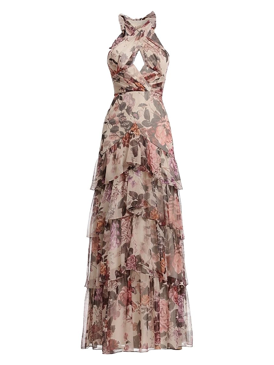 Women's Maya Floral Tiered Halter Maxi Dress - Champagne Multi - Size XL