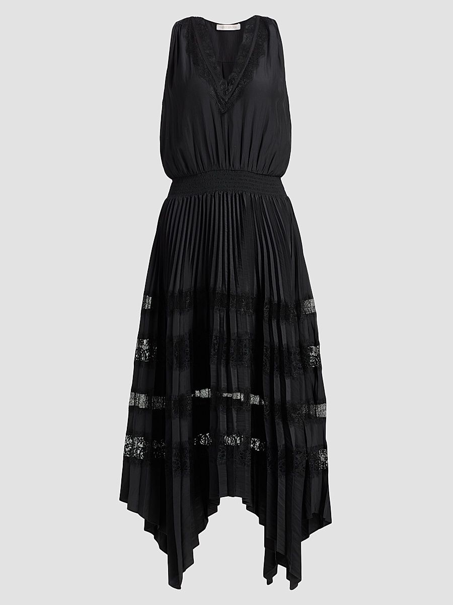 Women's Roselyn Pleated Lace-Trim Midi Dress - Black - Size XXS