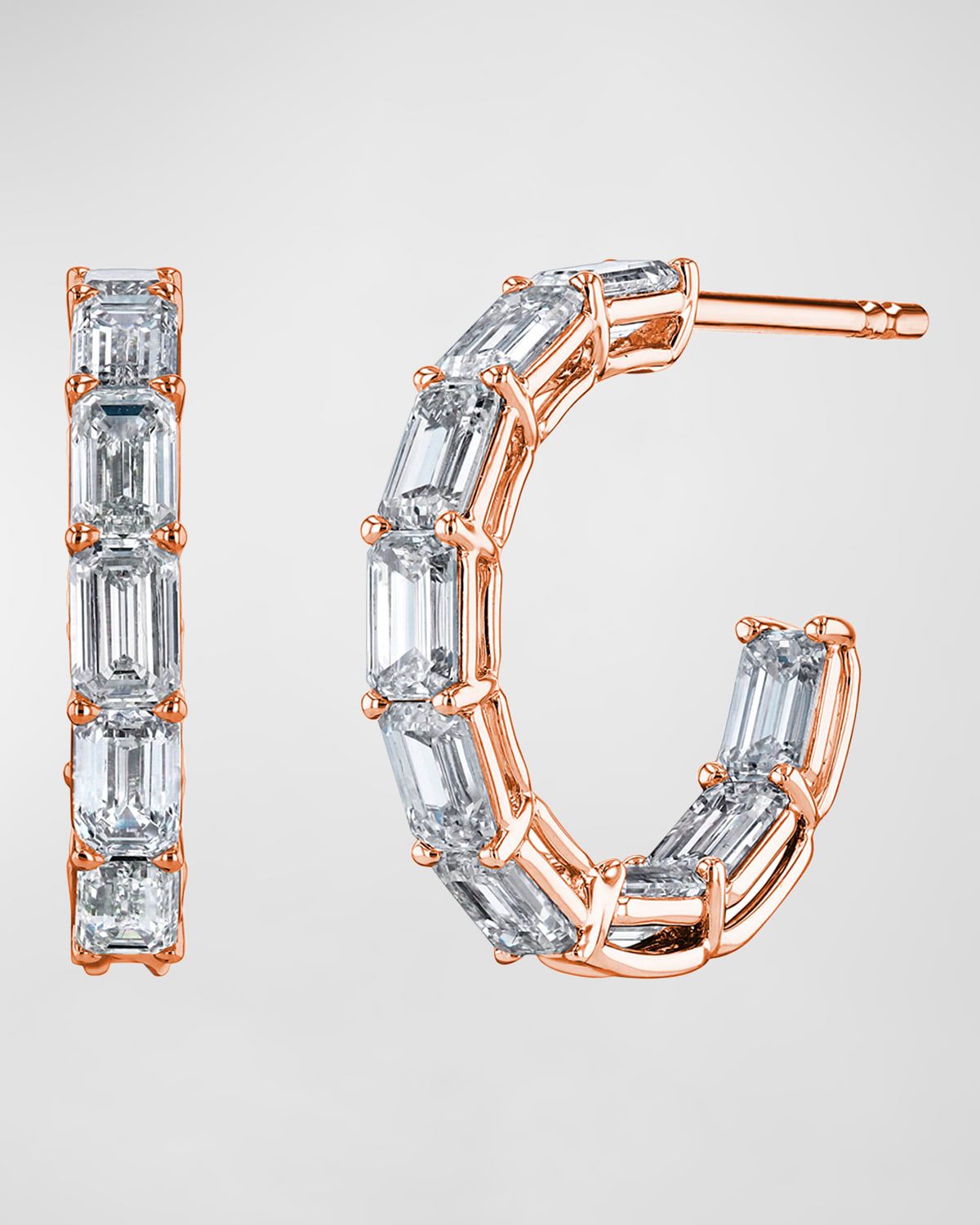 18K Gold North-South Emerald-Cut Diamond Hoop Earrings, 2.6tcw/0.75"L