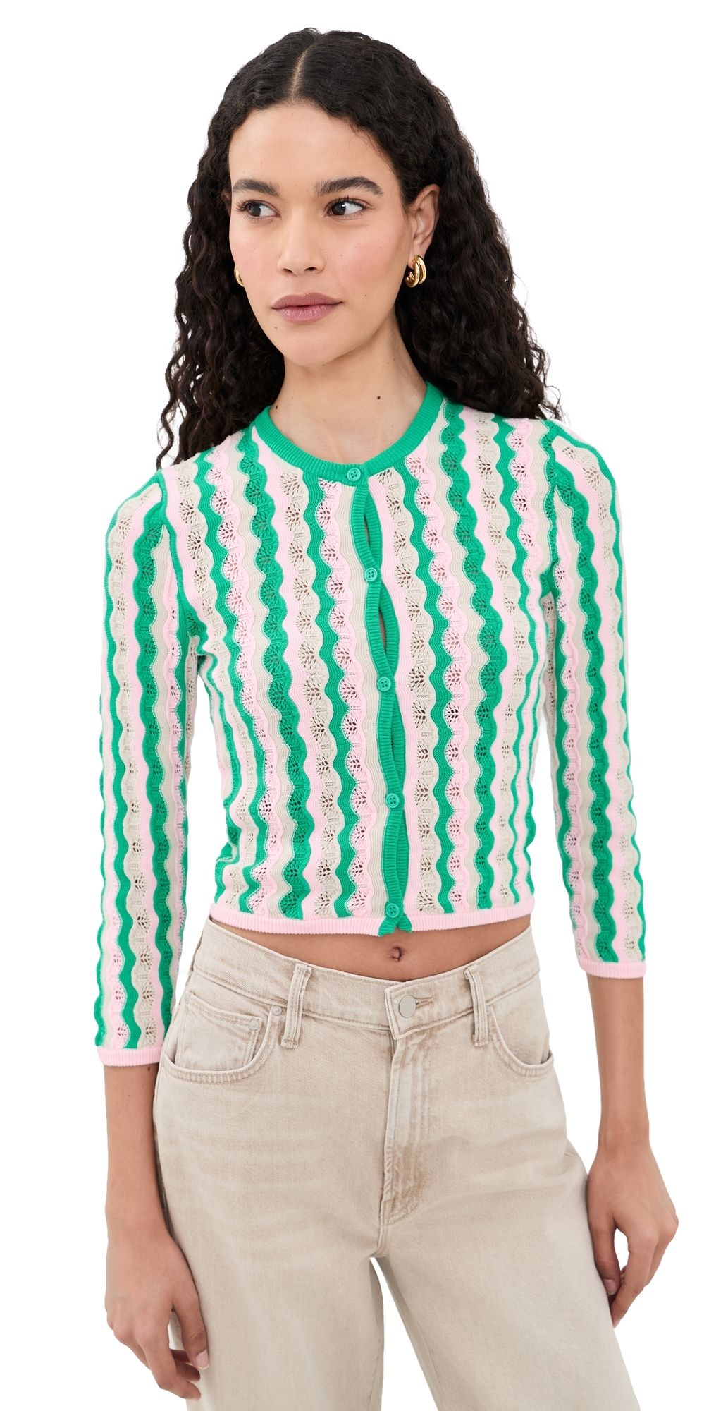 MOTHER The Crew Neck Cardigan Poi Green Pink Combo XS