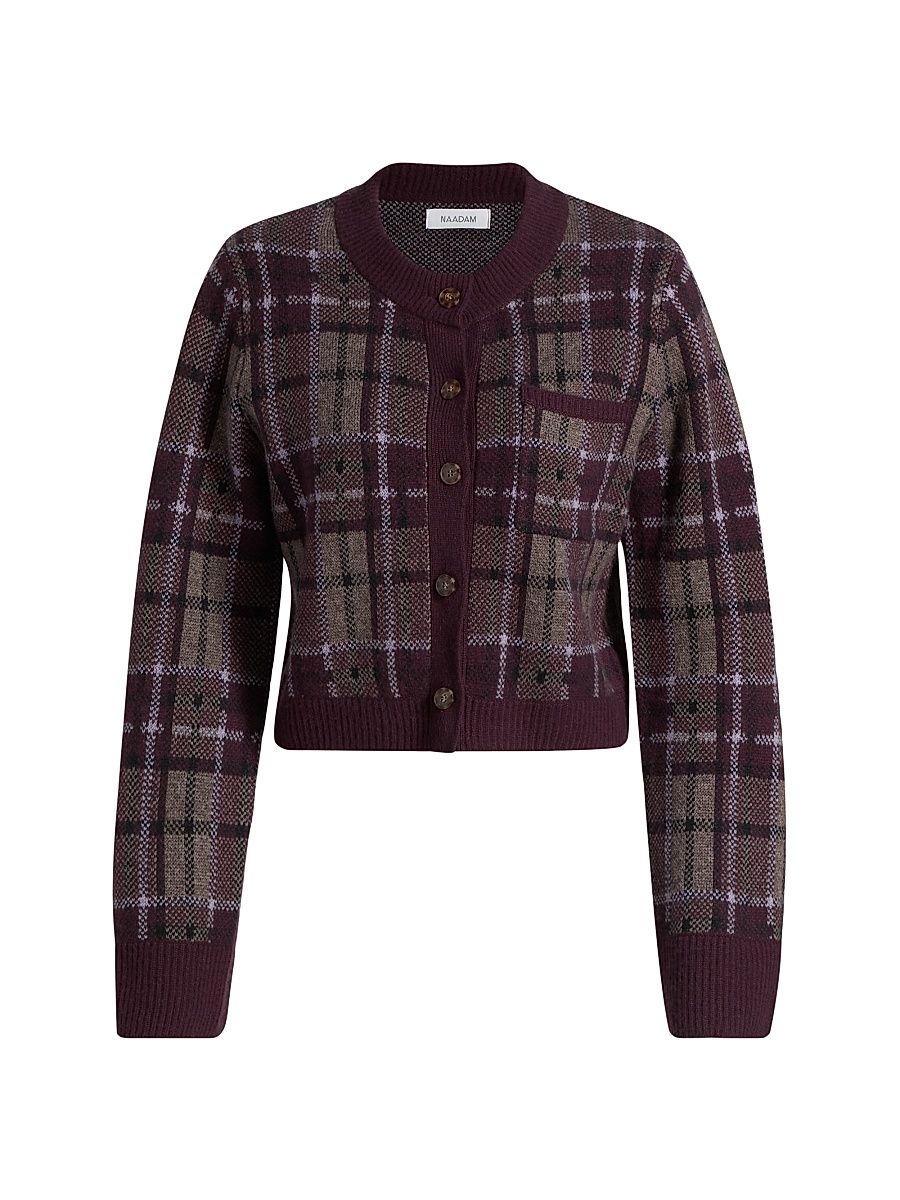 Women's Luxe Plaid Jacquard Cardigan - Purple Combo - Size Medium