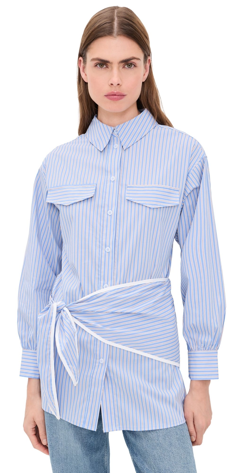 Line & Dot Eleni Button Down Shirt Tunic Blue Multi M