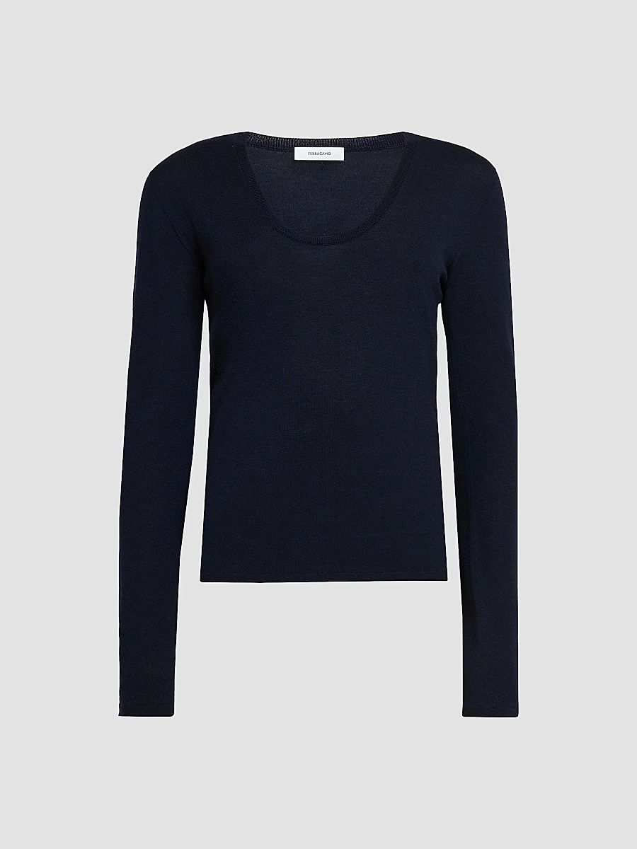 Women's Extra-Fine Wool Seamless Scoopneck Sweater - Navy - Size Small
