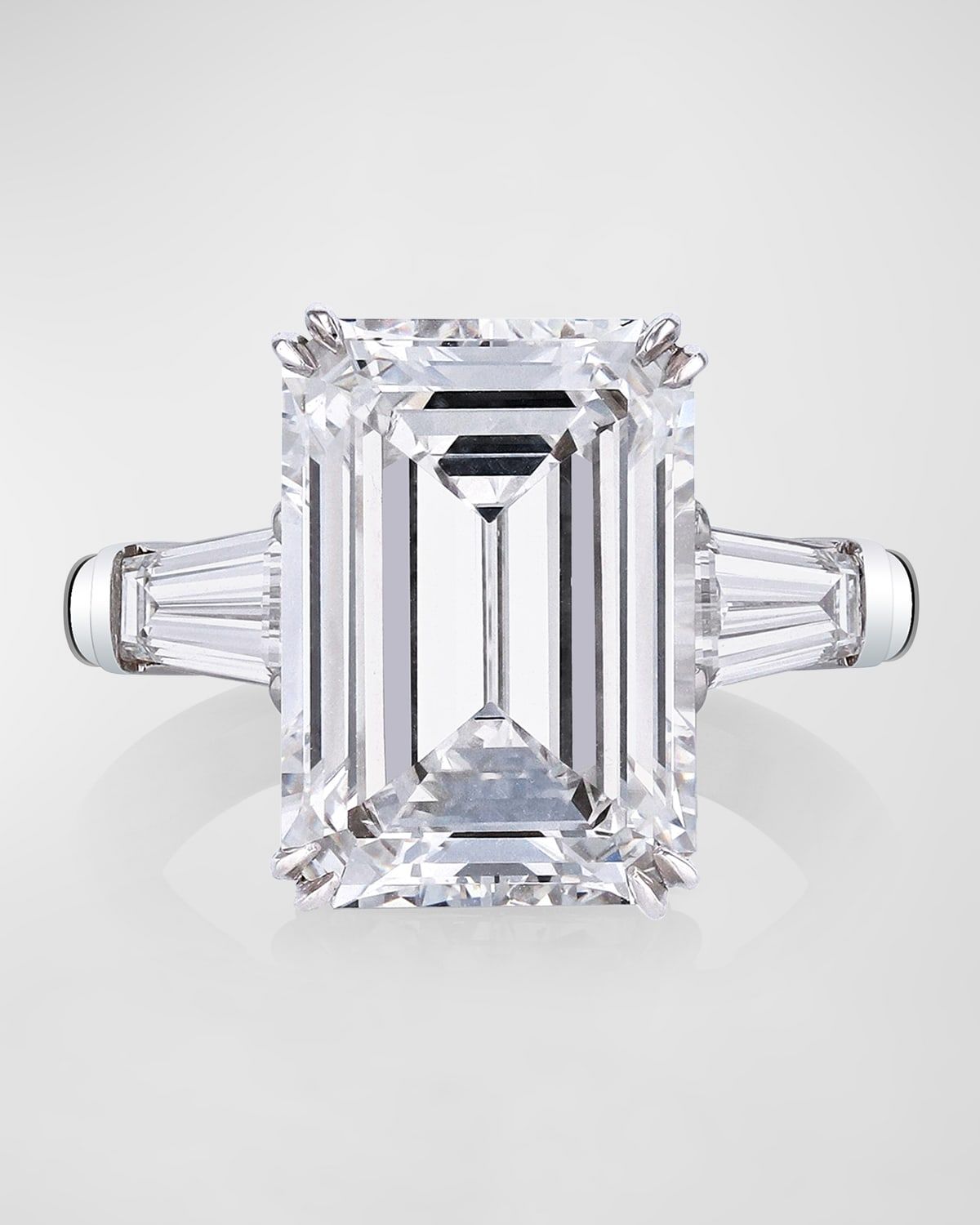 Platinum 3 Stone Diamond Ring with White Emerald Cut Center and Tapered Baguette Sides, Size 6.5, 16.72tcw