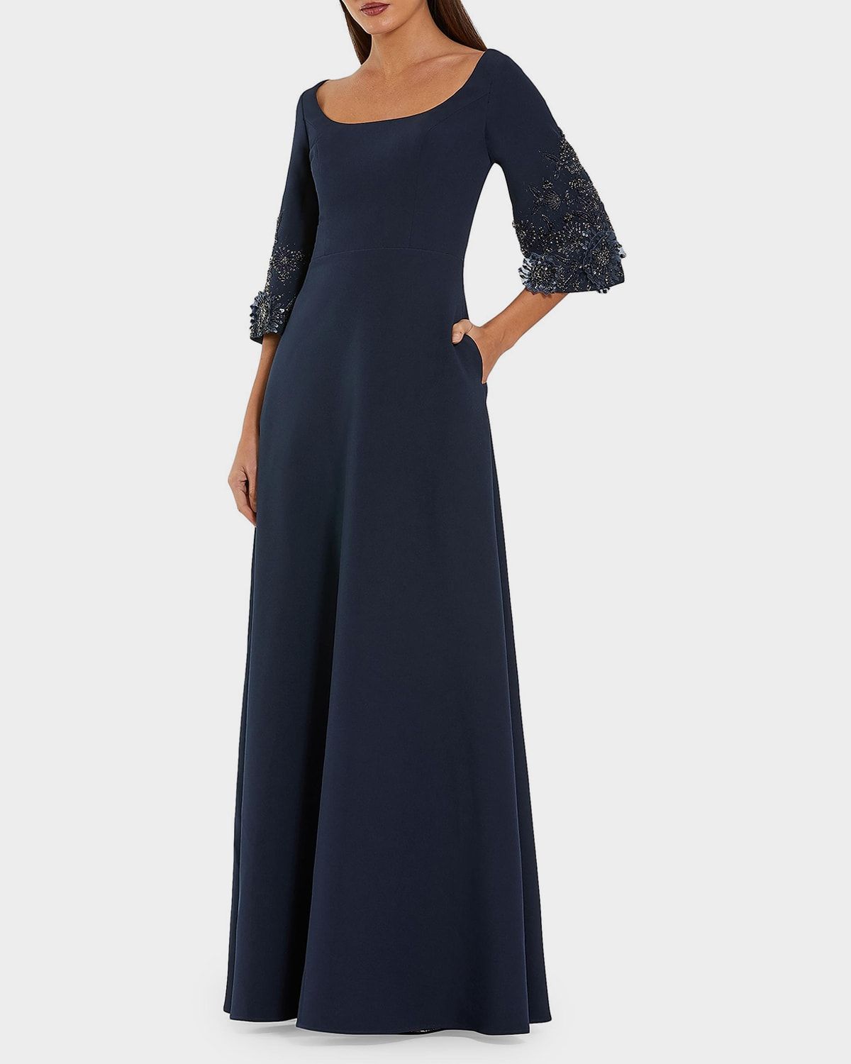 Beaded Bell-Sleeve Crepe Gown