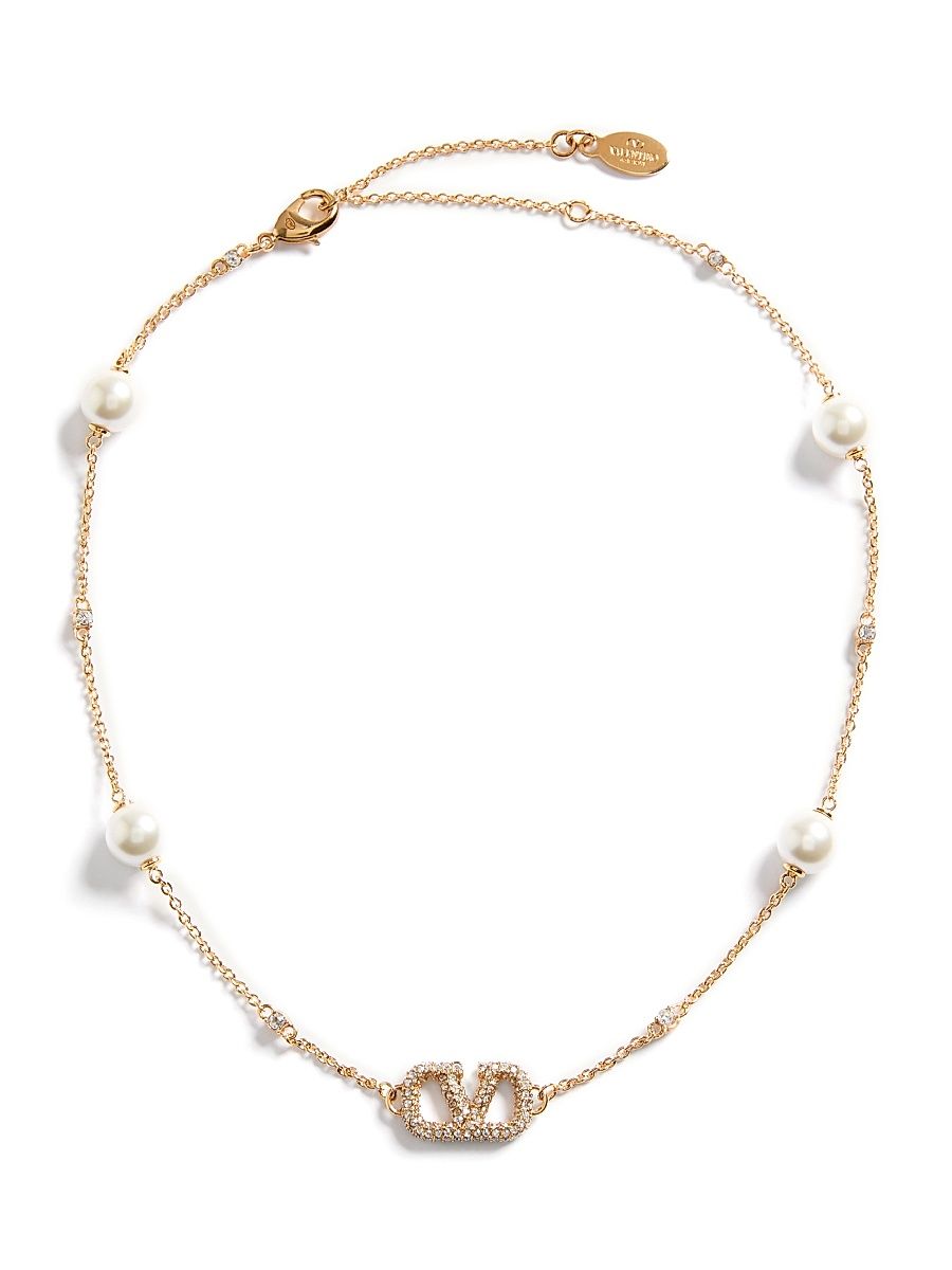 Women's VLogo Signature Metal Necklace with Swarovski Crystals and Pearls - Gold
