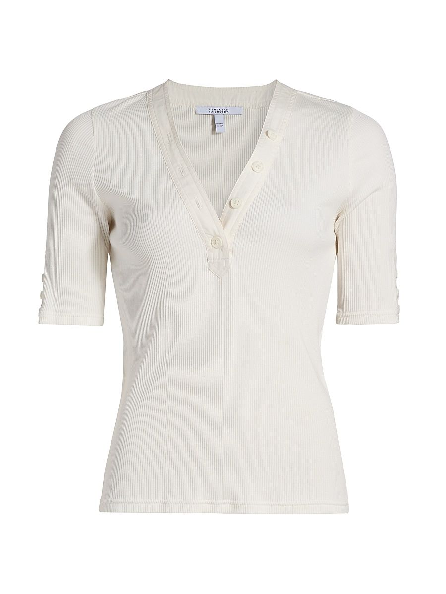 Women's Adrian V-Neck Ribbed T-Shirt - Off White - Size Small