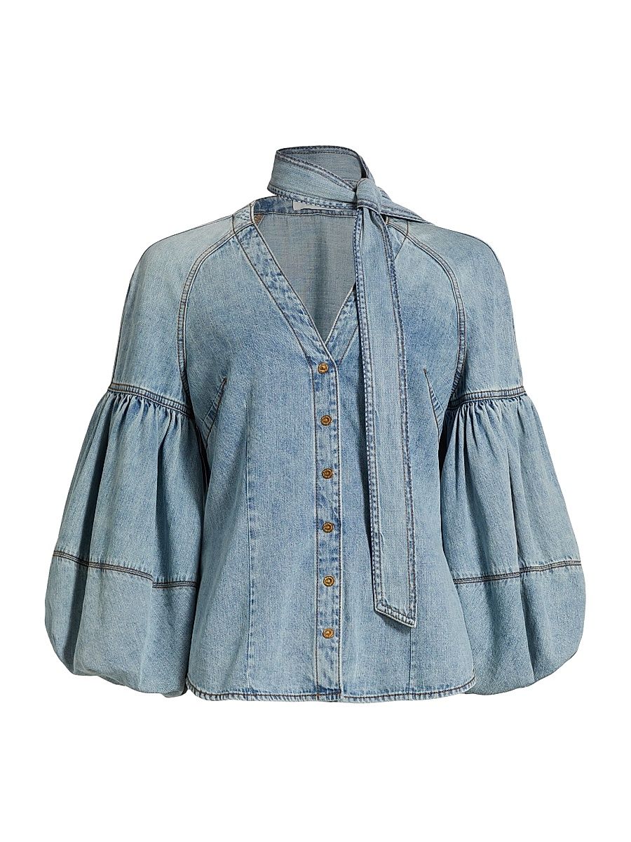 Women's Tied Denim Blouse - Sea Foam - Size 8