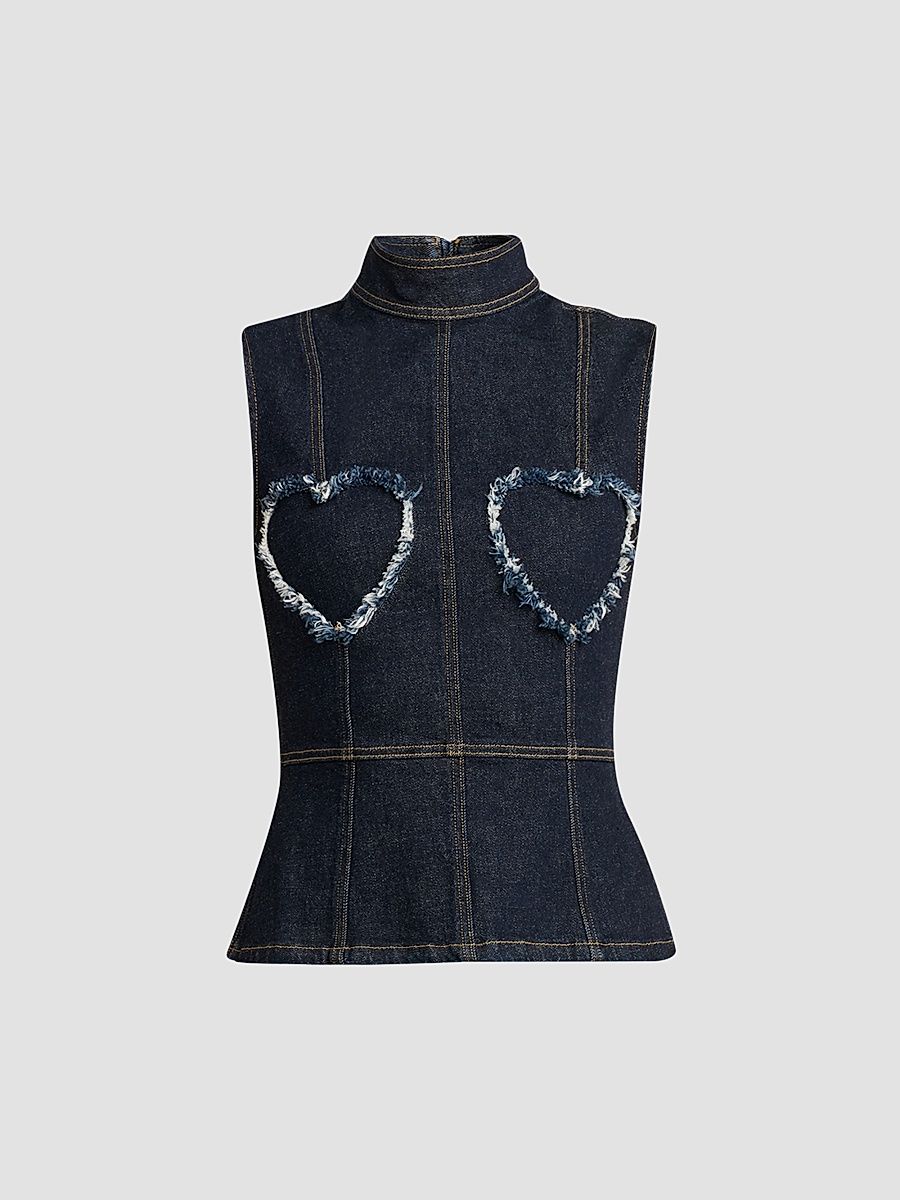 Women's Heart Patches Denim Top - Dark Blue - Size 14