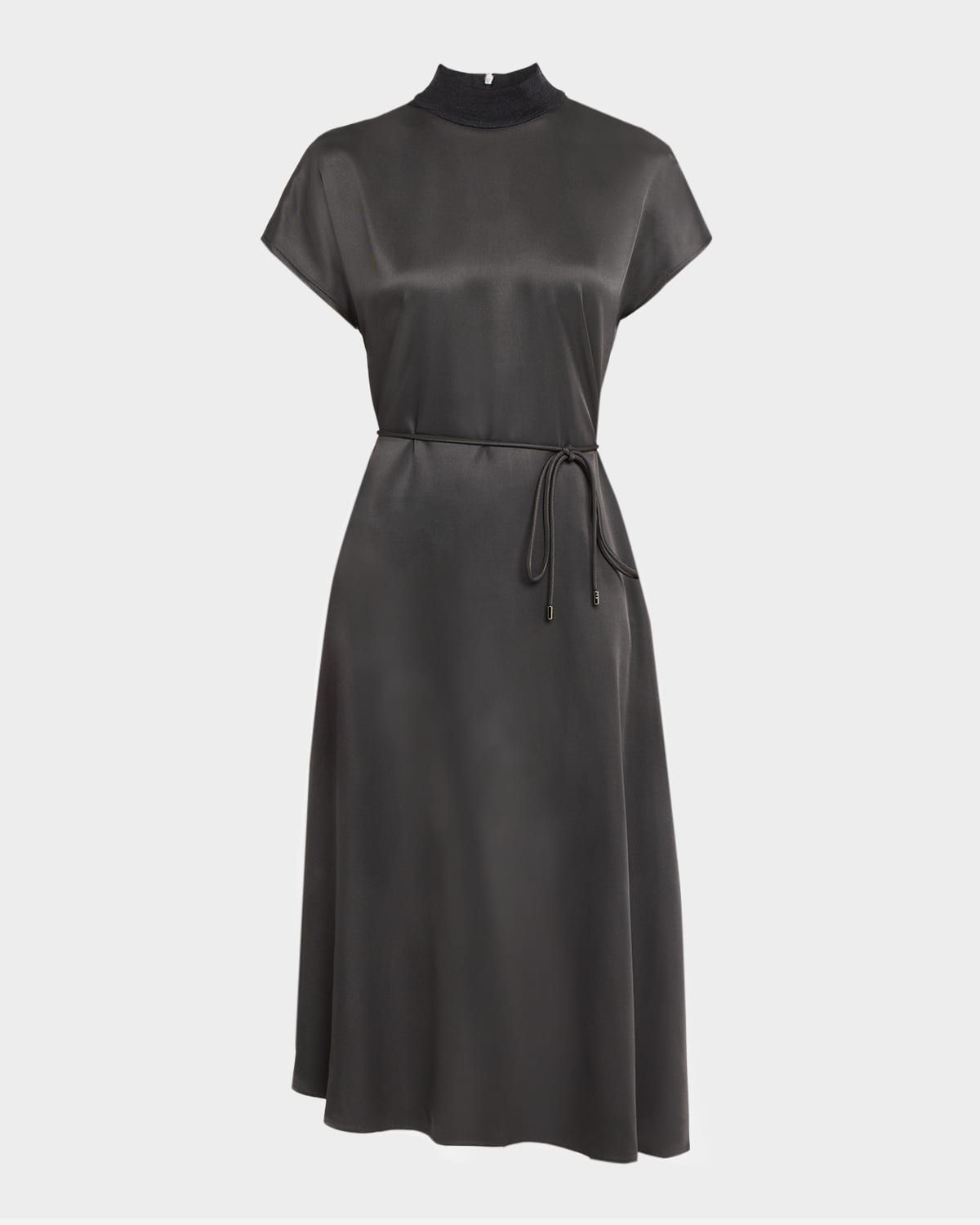 Viscose Twill and Tricot Waist-Tie Midi Dress