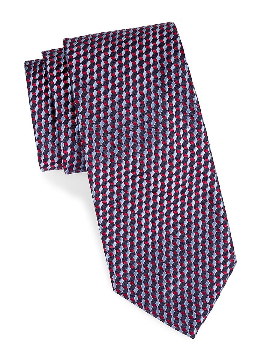 Men's Neat Geo Block Silk Jacquard Tie - Navy Red