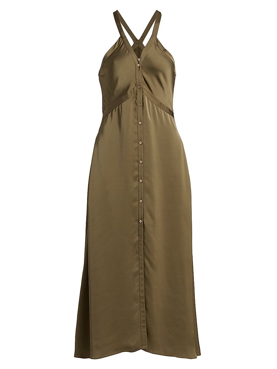 Women's Cynthia Button-Front Satin Midi-Dress - Olive Green - Size 10