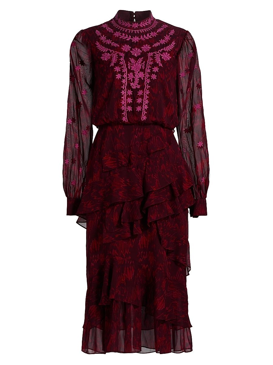 Women's Isa Ruffle Embroidered Midi-Dress - Astilbe Burgundy - Size 8