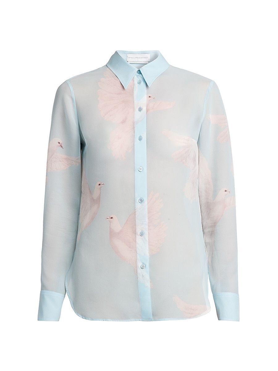Women's Birds Silk Georgette Slim-Fit Shirt - Light Blue - Size 12