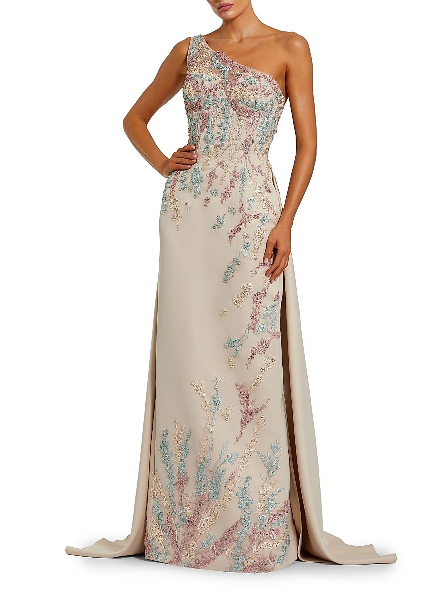 Women's Embroidered Sequined One-Shoulder Gown - Champange Multi - Size 12