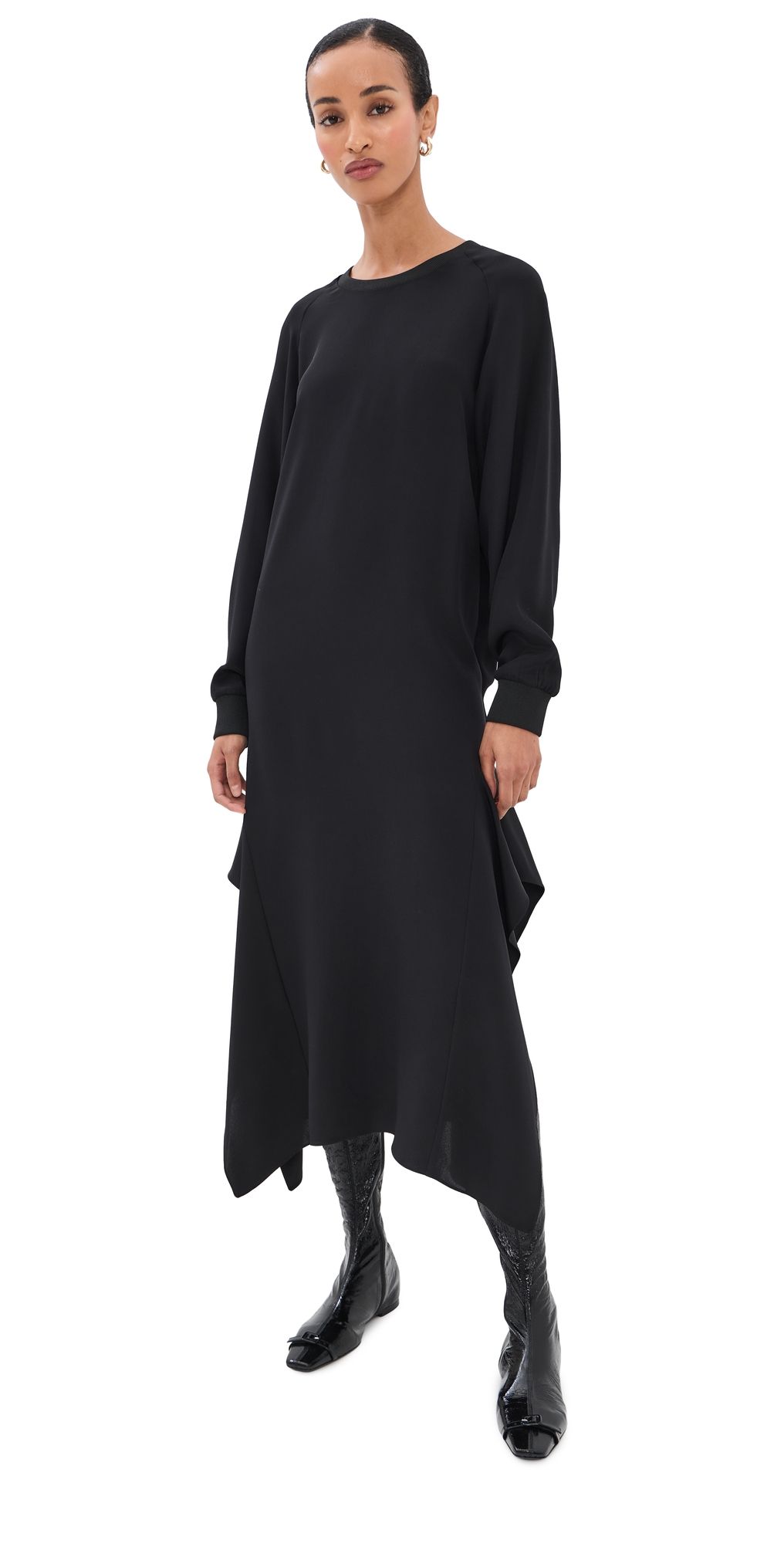 Tibi 4 Ply Silk Long Sleeve Dress With Ruffle Black M