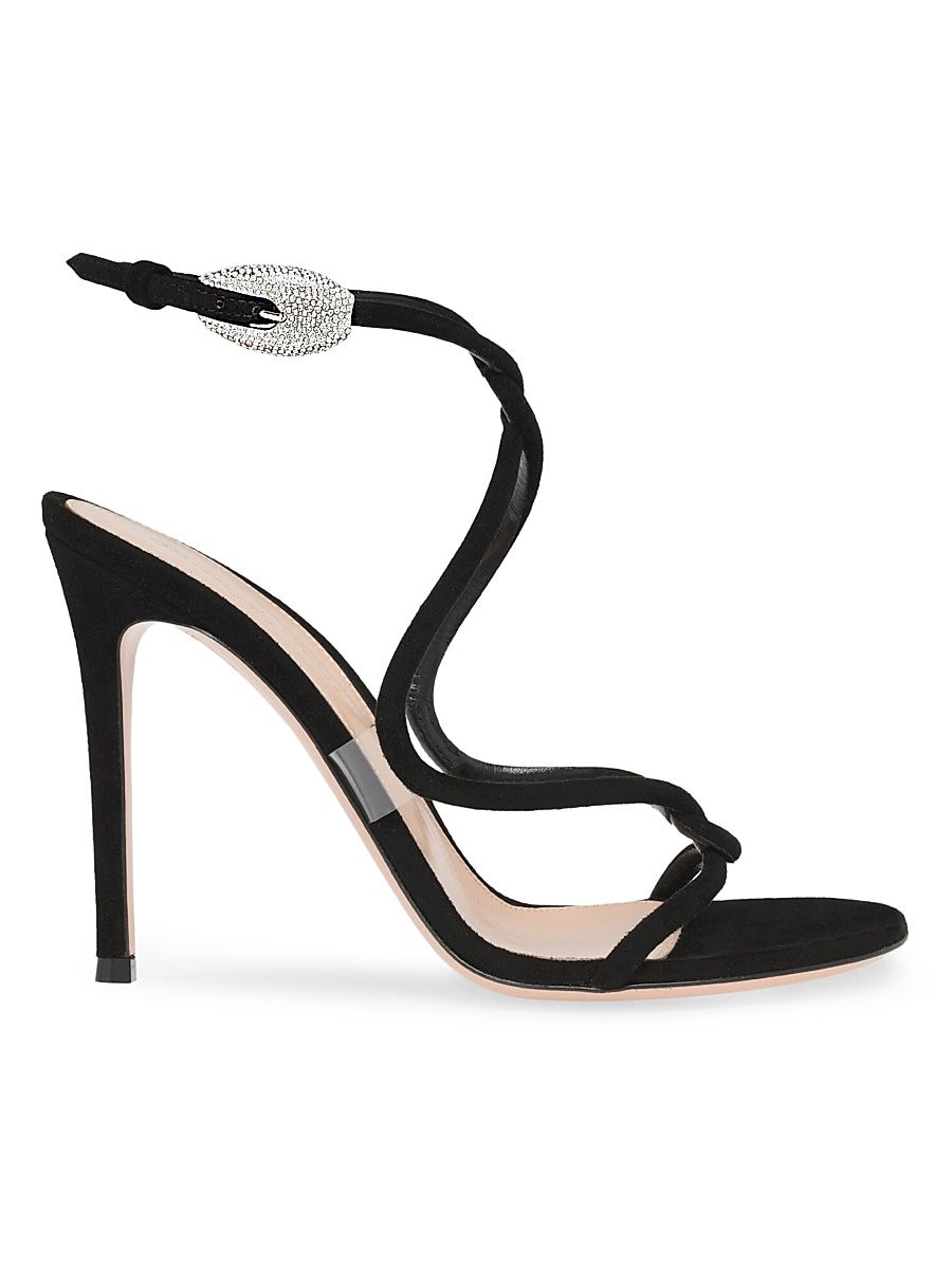 Women's Crystal-Embellished Buckle 105MM Suede Sandals - Black Trasp - Size 12