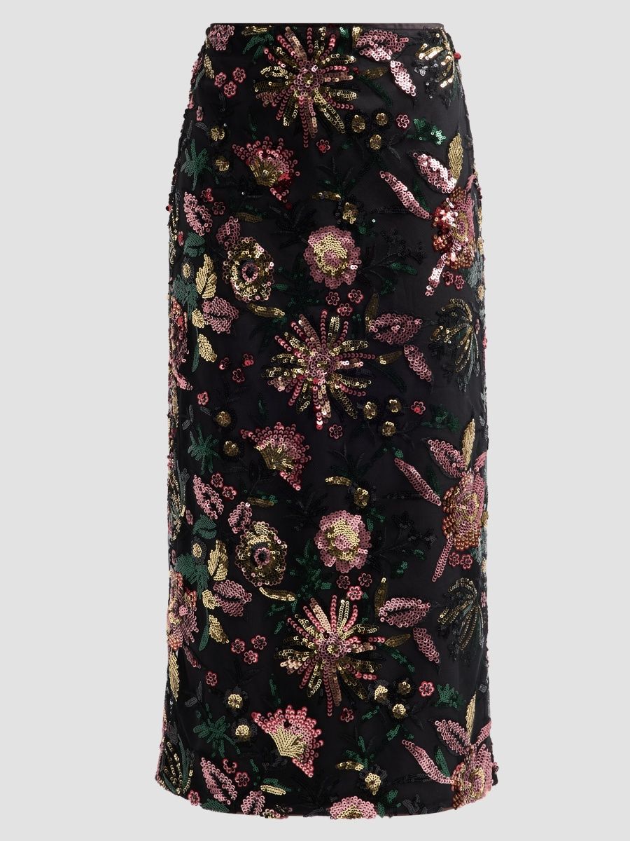 Ramy Brook Women's Timothy Floral Sequined Midi Skirt - Black Floral Sequin - Size 2