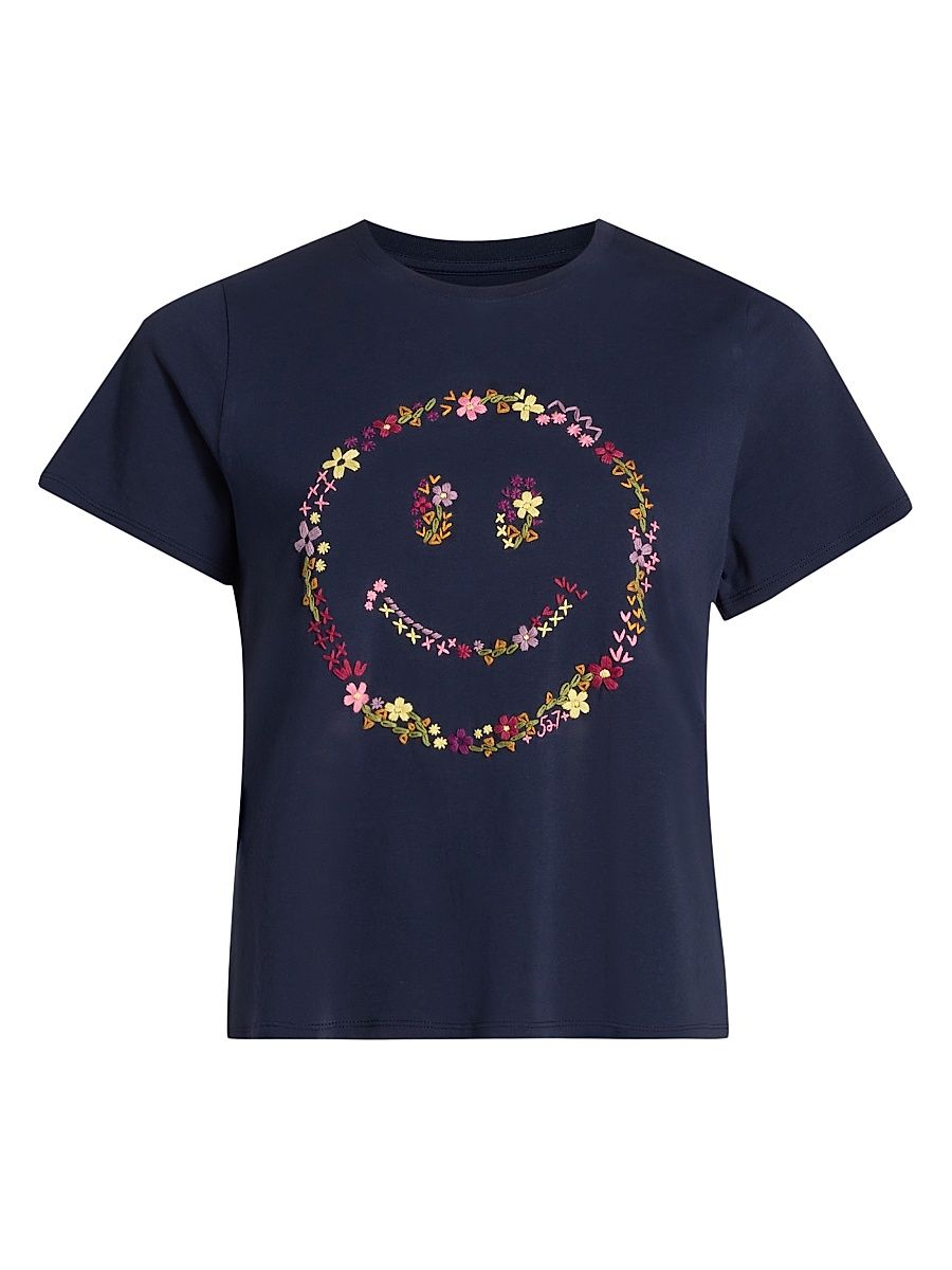 Women's Wildflower-Embroidered Cotton Shrunken T-Shirt - Navy Multi - Size XL