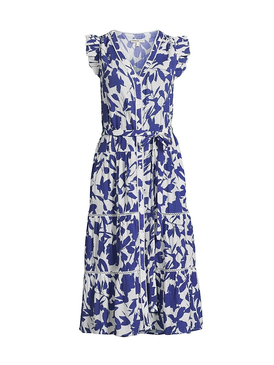 Women's Emily Leaf Cotton Tie-Waist Shirtdress - Moraea Garden - Size Medium