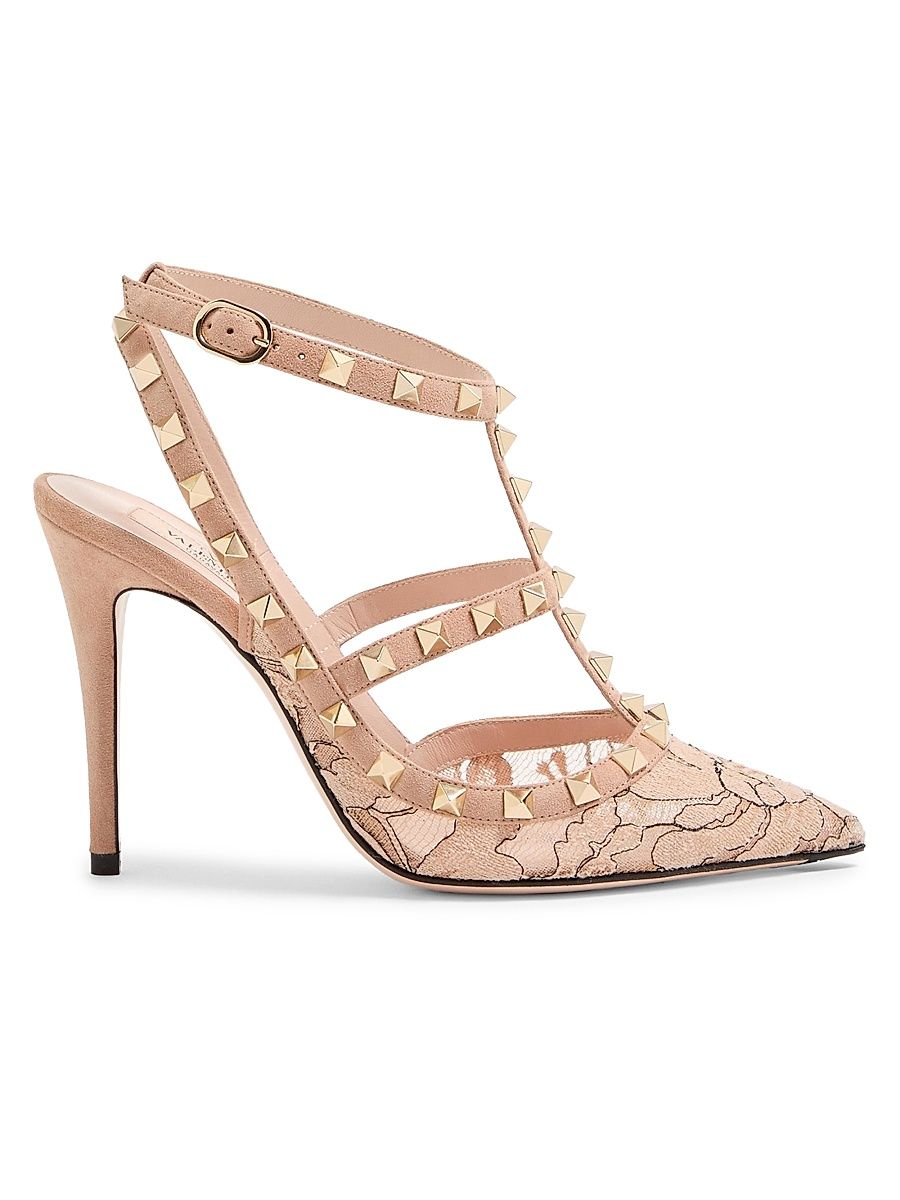 Women's Rockstud 100MM Lace Pumps with Straps - Beige - Size 10