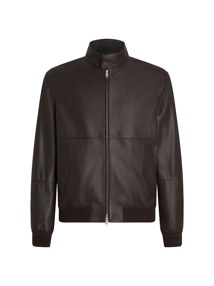 Men's Nappa Leather Bomber Jacket - Dark Brown - Size 46