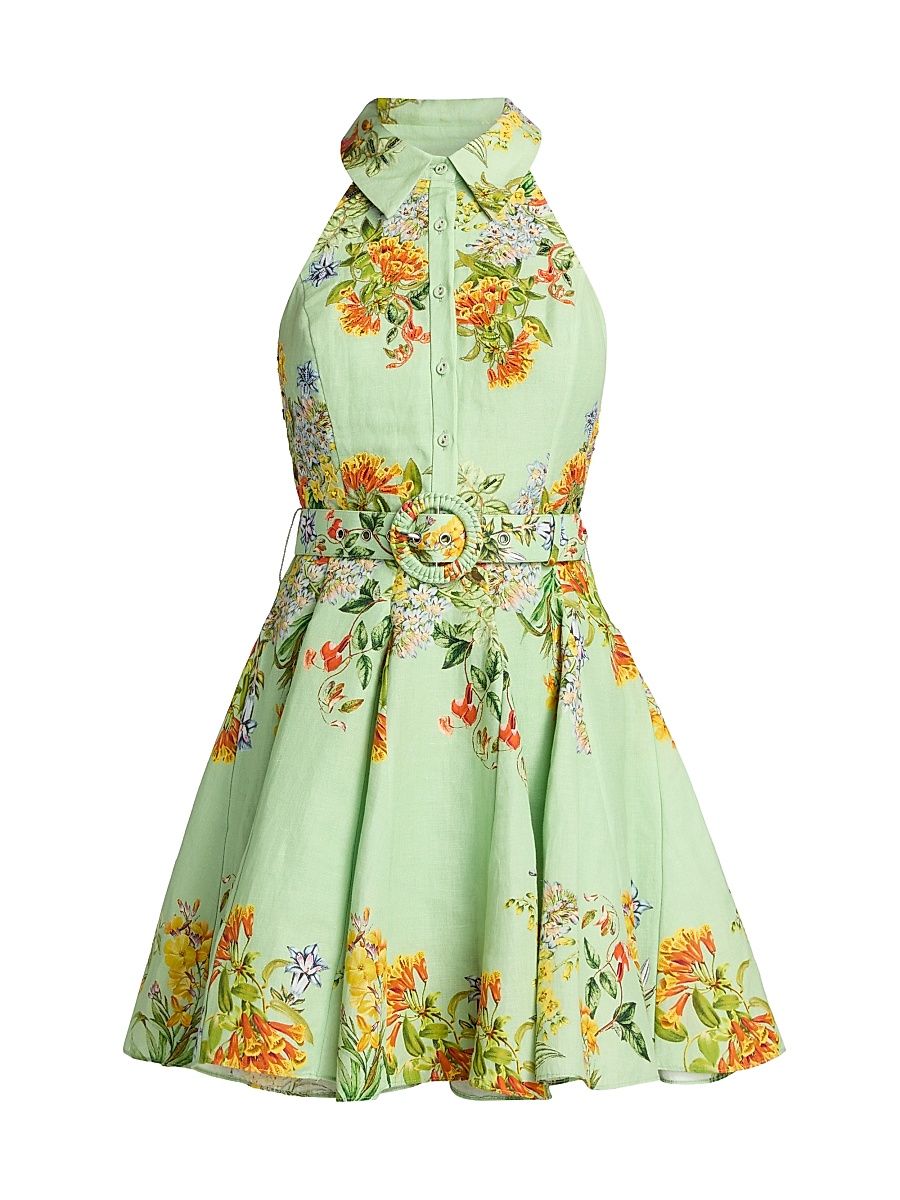 Women's Floral Linen-Cotton Belted Minidress - Green - Size Large