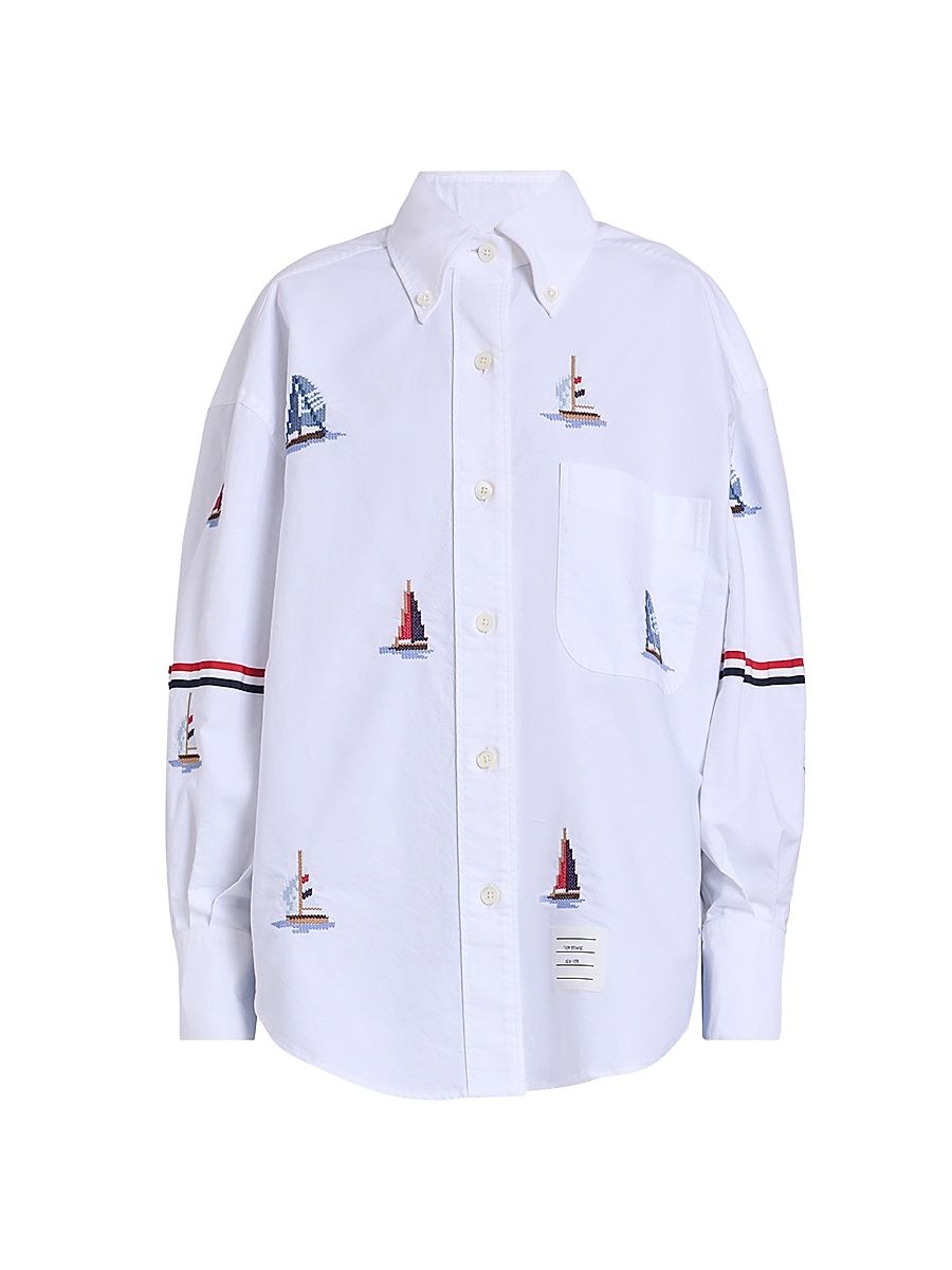Women's Embroidered Stitch Sailboats Shirt - White - Size 4