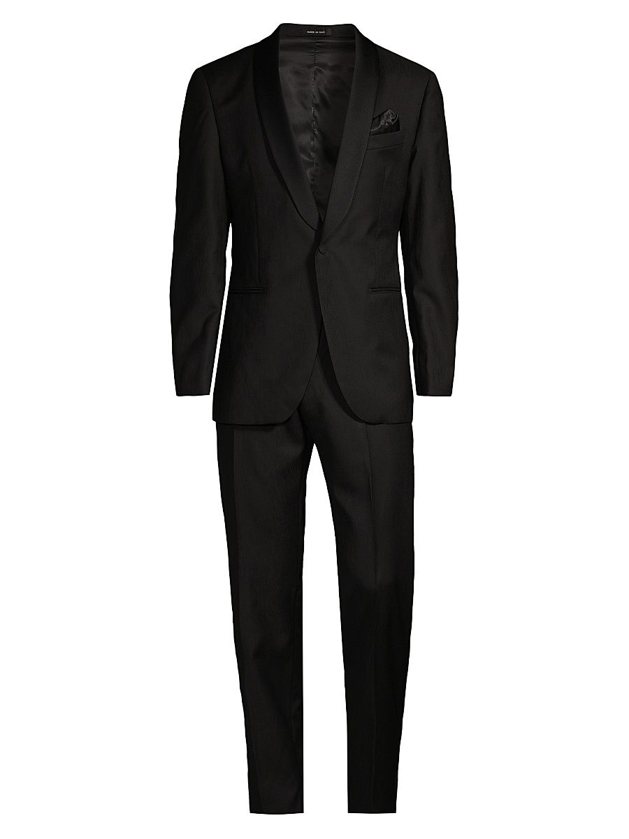 Men's COLLECTION Satin Shawl Collar Wool Tuxedo - Black - Size 48