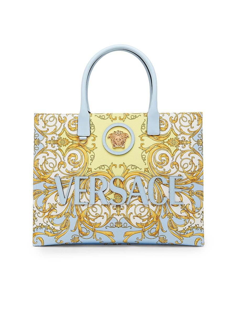 Women's Baroque Print Logo Tote Bag - Pastel Blue Multi Versace Gold