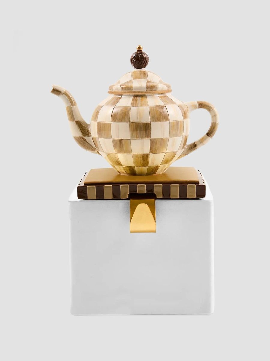 MacKenzie-Childs Merry Christmas Check Teapot Stocking Holder