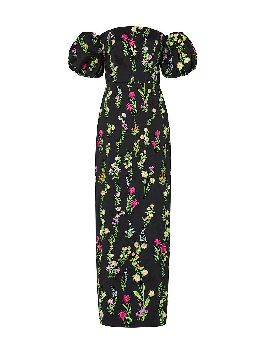 Women's Nira Bloom Floral-Embroidered Off-The-Shoulder Maxi Dress - Black Multi - Size 12