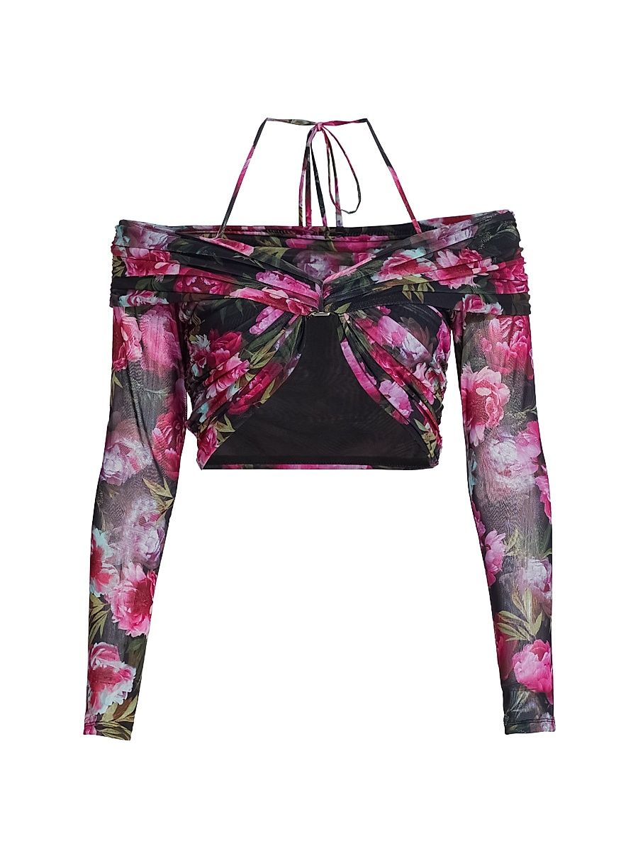 Women's Rosalia Floral Mesh Cropped Top - Plum Blossom - Size Medium