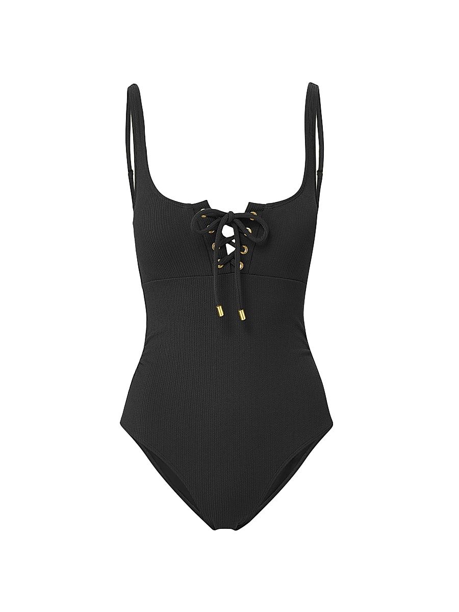 Women's Taylor Lace-Up One-Piece Swimsuit - Black Texture - Size Medium