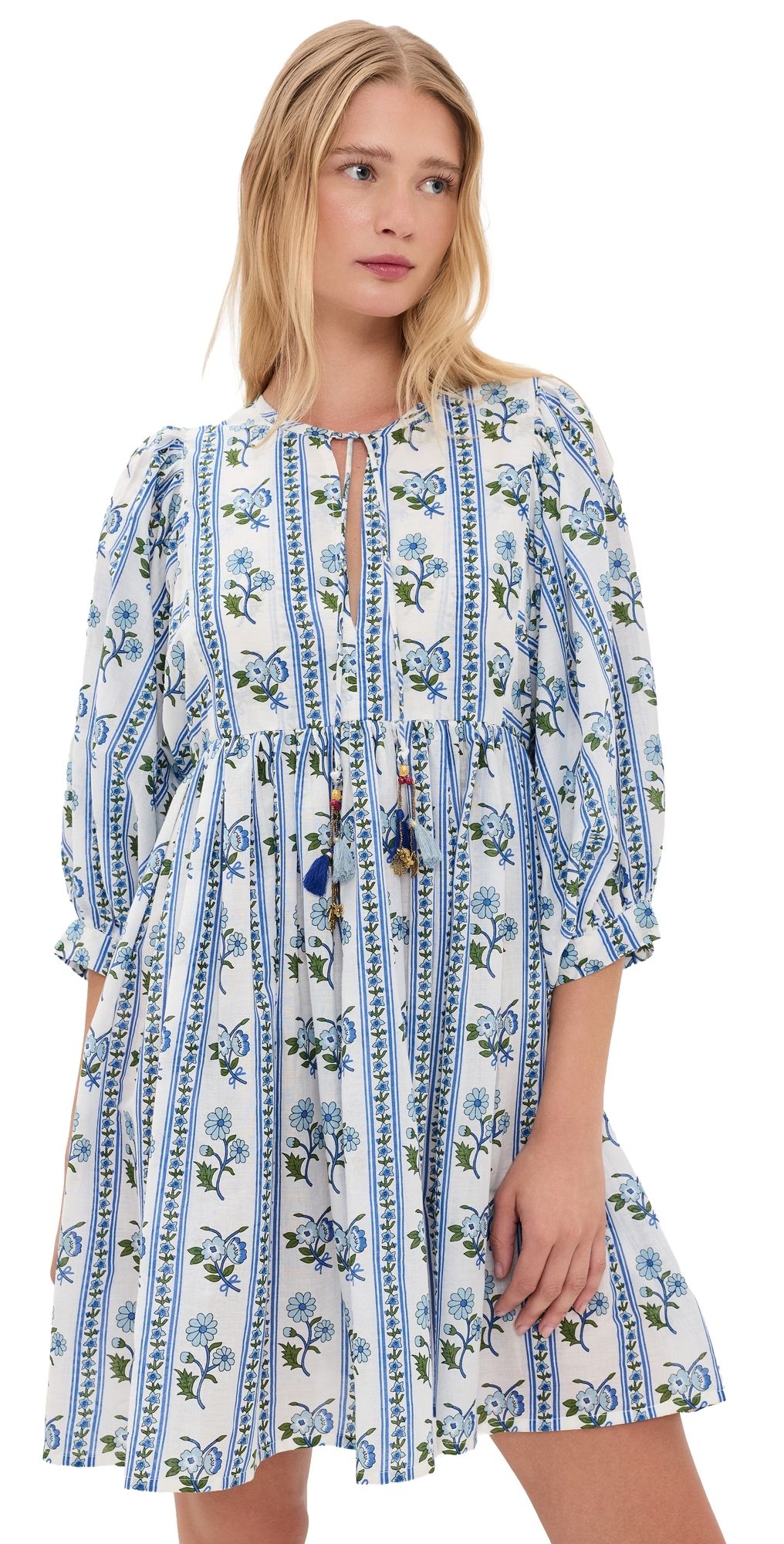Bell Sylvie Mini Cotton Tunic Dress BLUE FLORAL STRIPE XL