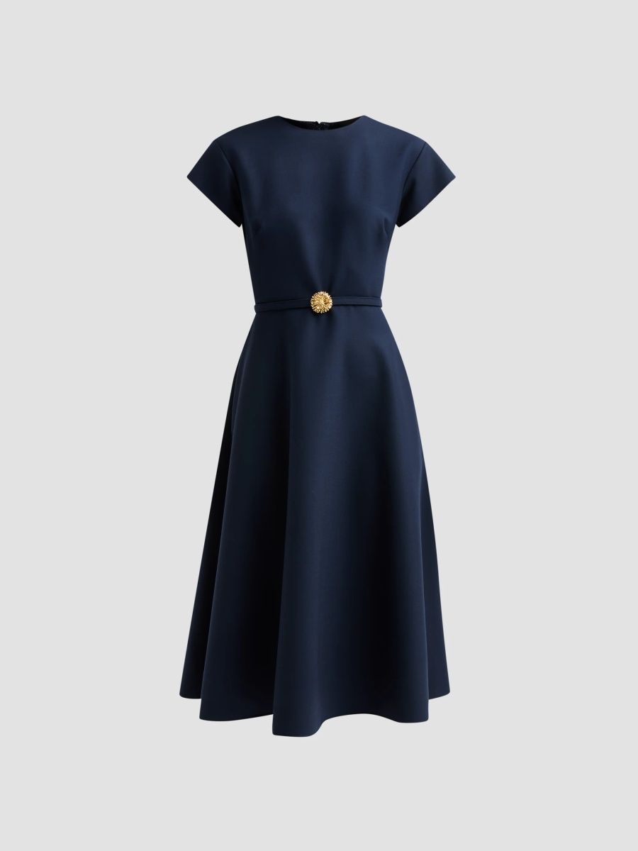 Oscar de la Renta Women's Stretch Wool Short Sleeve Midi Dress - Navy - Size 0