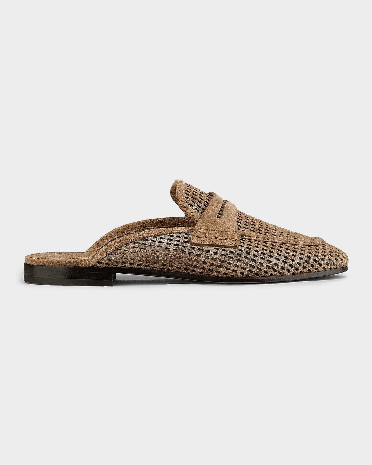 Perforated Laminated Suede Penny Loafer Mules