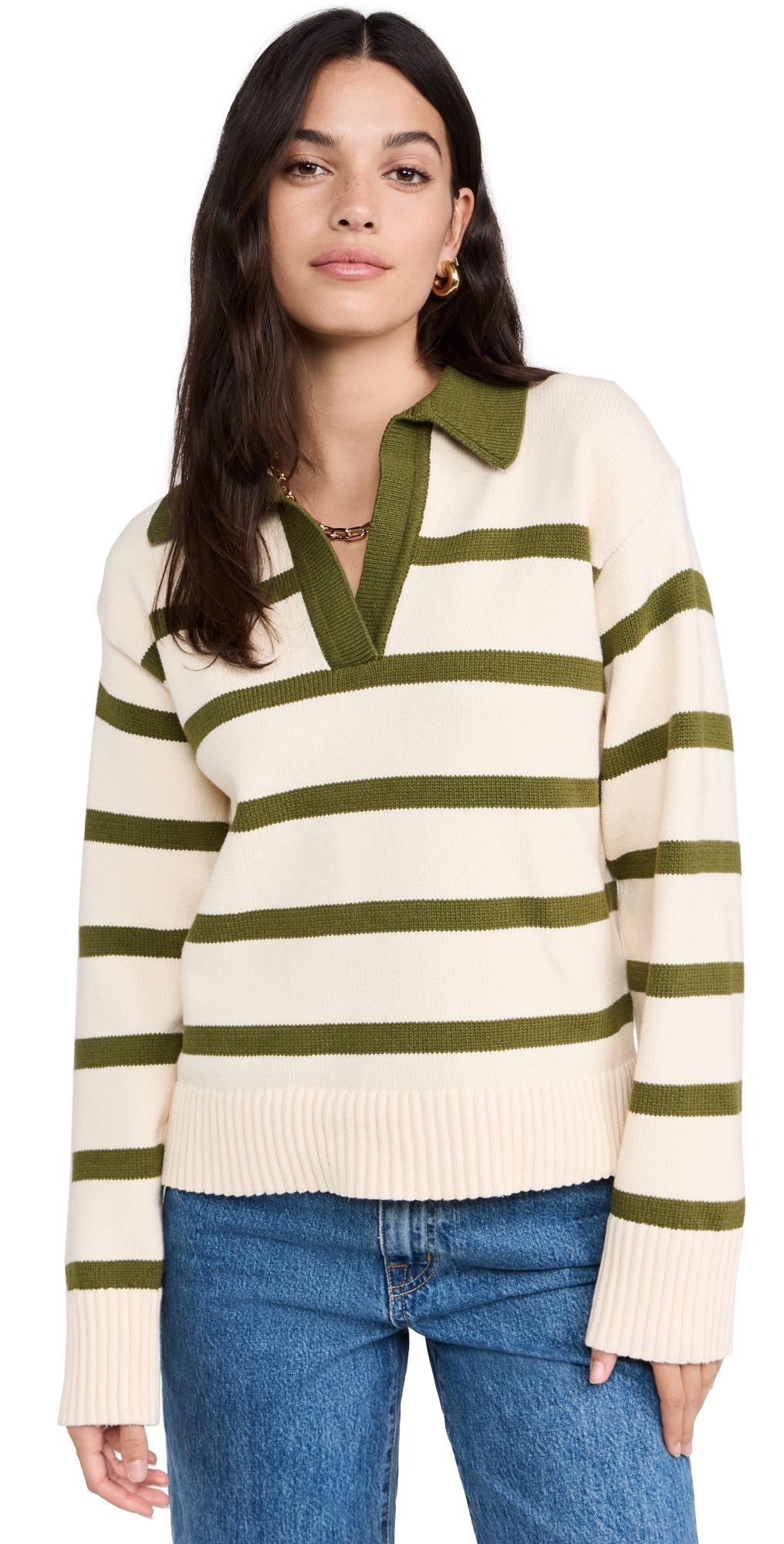 English Factory Striped Collared Sweater Cream/Olive S