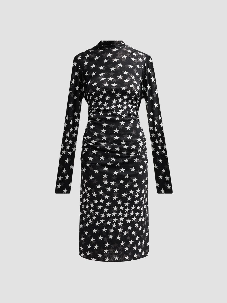 Stella McCartney Women's Star Print Mesh Mock Turtleneck Midi Dress - Black White - Size XS