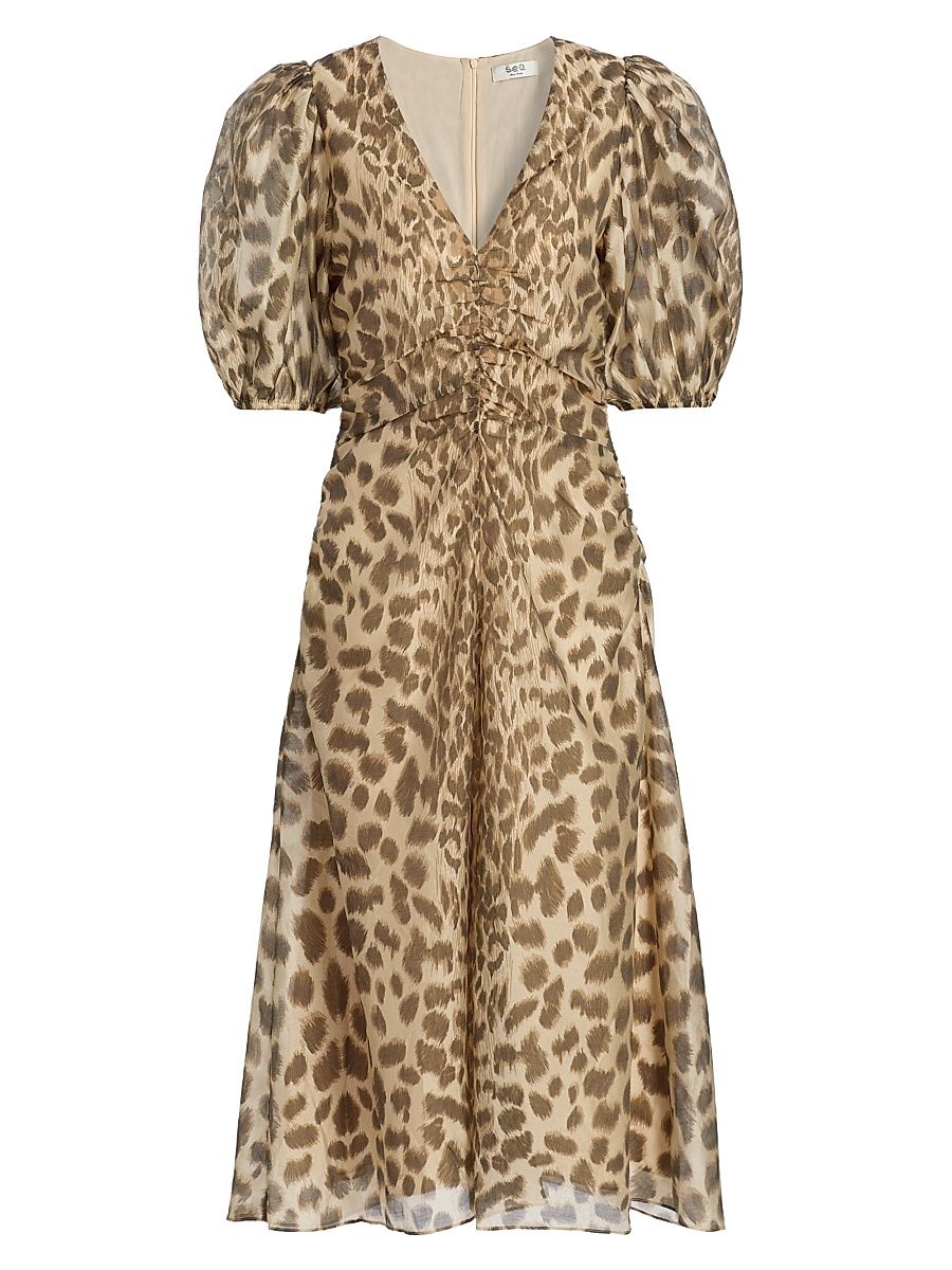 Women's Claude Leopard-Print Puff-Sleeve Midi-Dress - Cream - Size 16