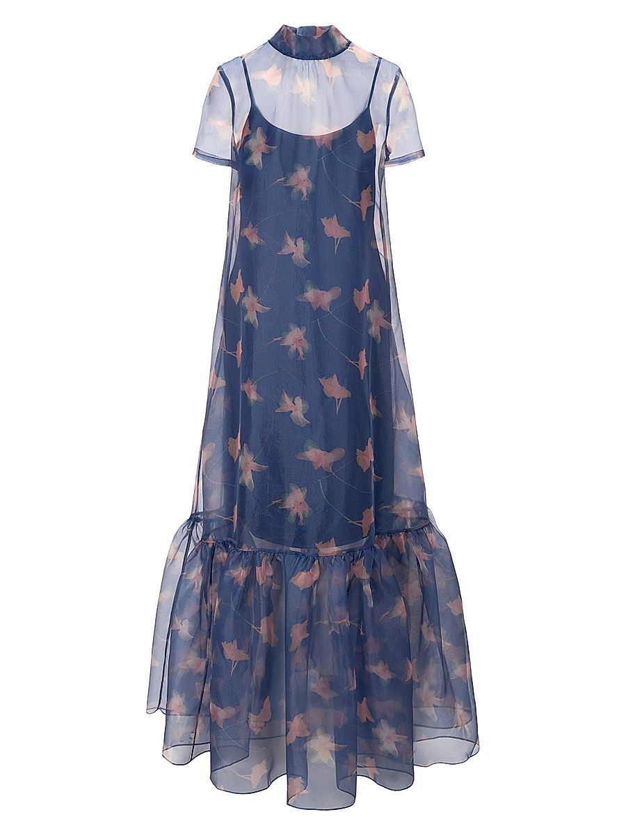 Women's Calluna Ruffled Sheer Floral Organza Gown - Lapis Floral - Size Medium