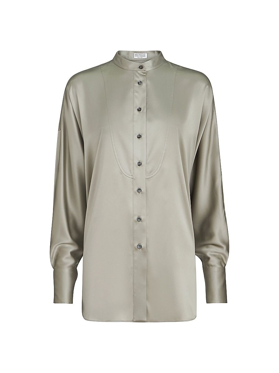 Women's Stretch Silk Satin Mandarin Collar Shirt - Olive - Size XXXL