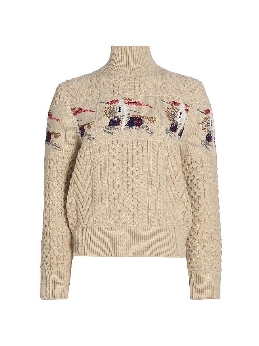 Women's Edie EKD Aran Knit Turtleneck Sweater - Beige Melange - Size XS