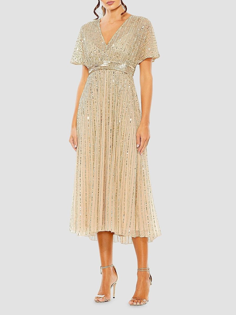 Mac Duggal Women's Sequined Short-Sleeve Midi-Dress - Taupe - Size 18