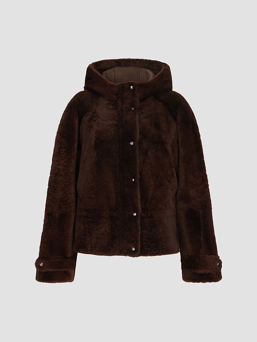 Women's Shearling Outerwear Jacket with Shiny Zipper Pull - Brown Gianduia - Size 12