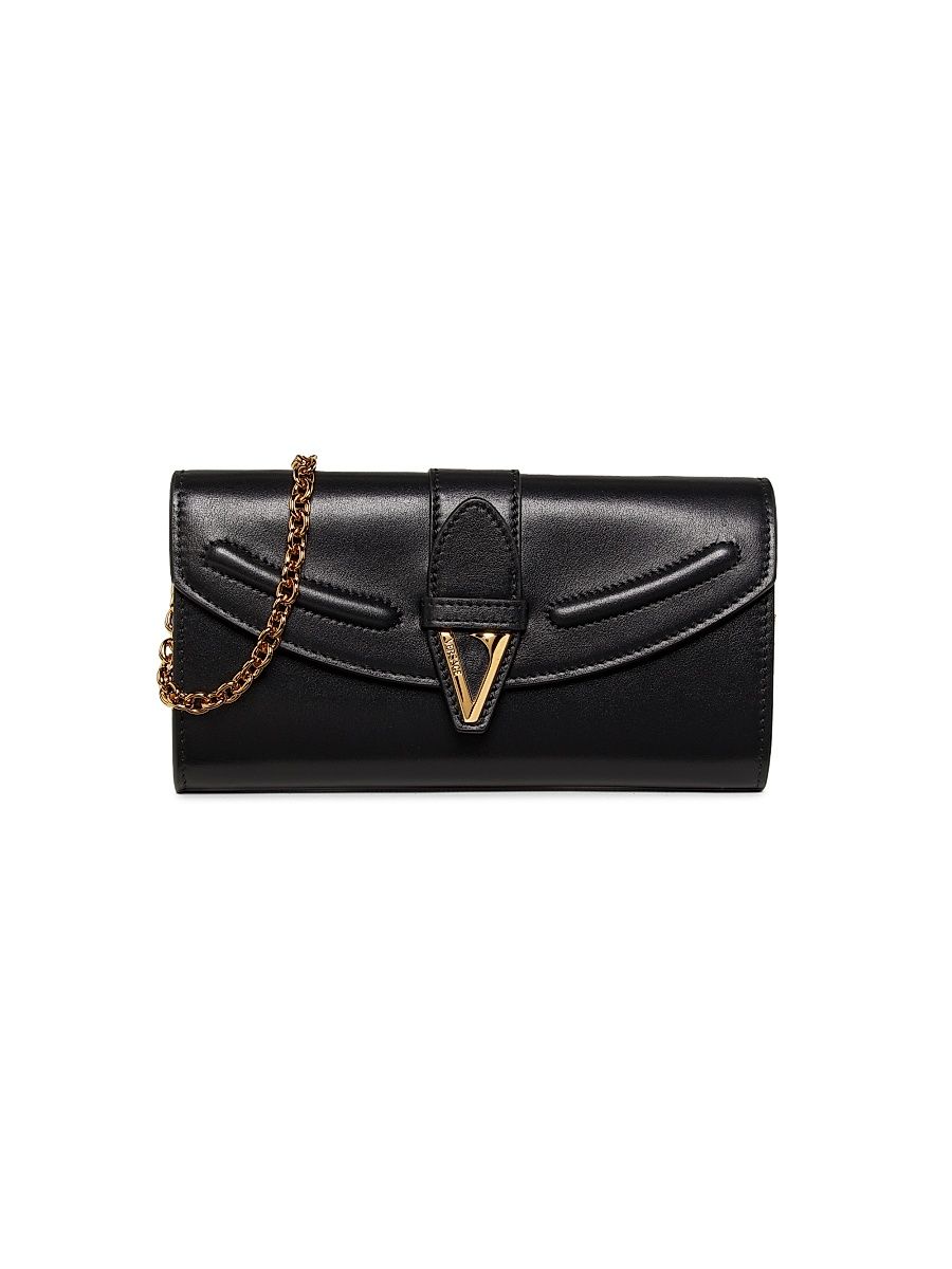 Women's V-Logo Leather Wallet-On-Chain Bag - Black Versace Gold