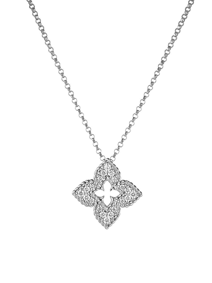 Women's 18Kt White Gold & Pave Diamond Petite Venetian Small Flower Necklace - White Gold