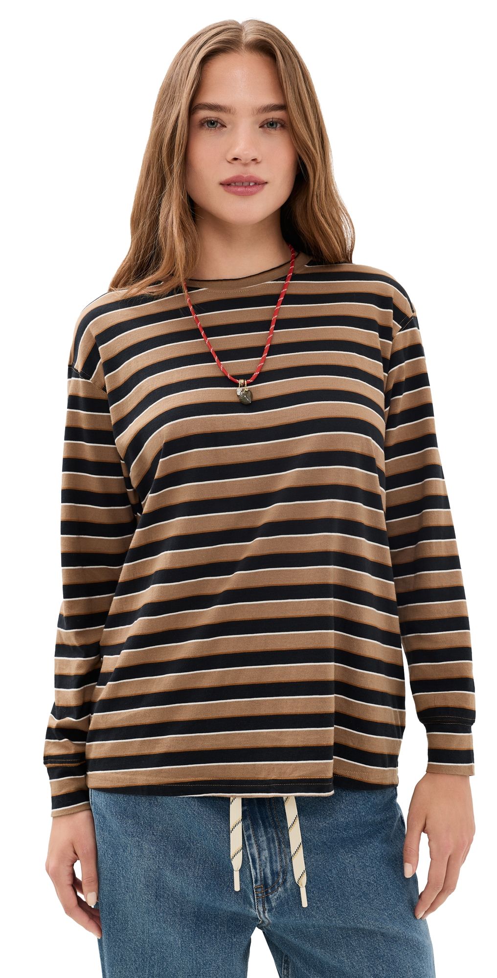 THE GREAT. The Long Sleeve Relaxed Crew Tee Cigar Stripe 1